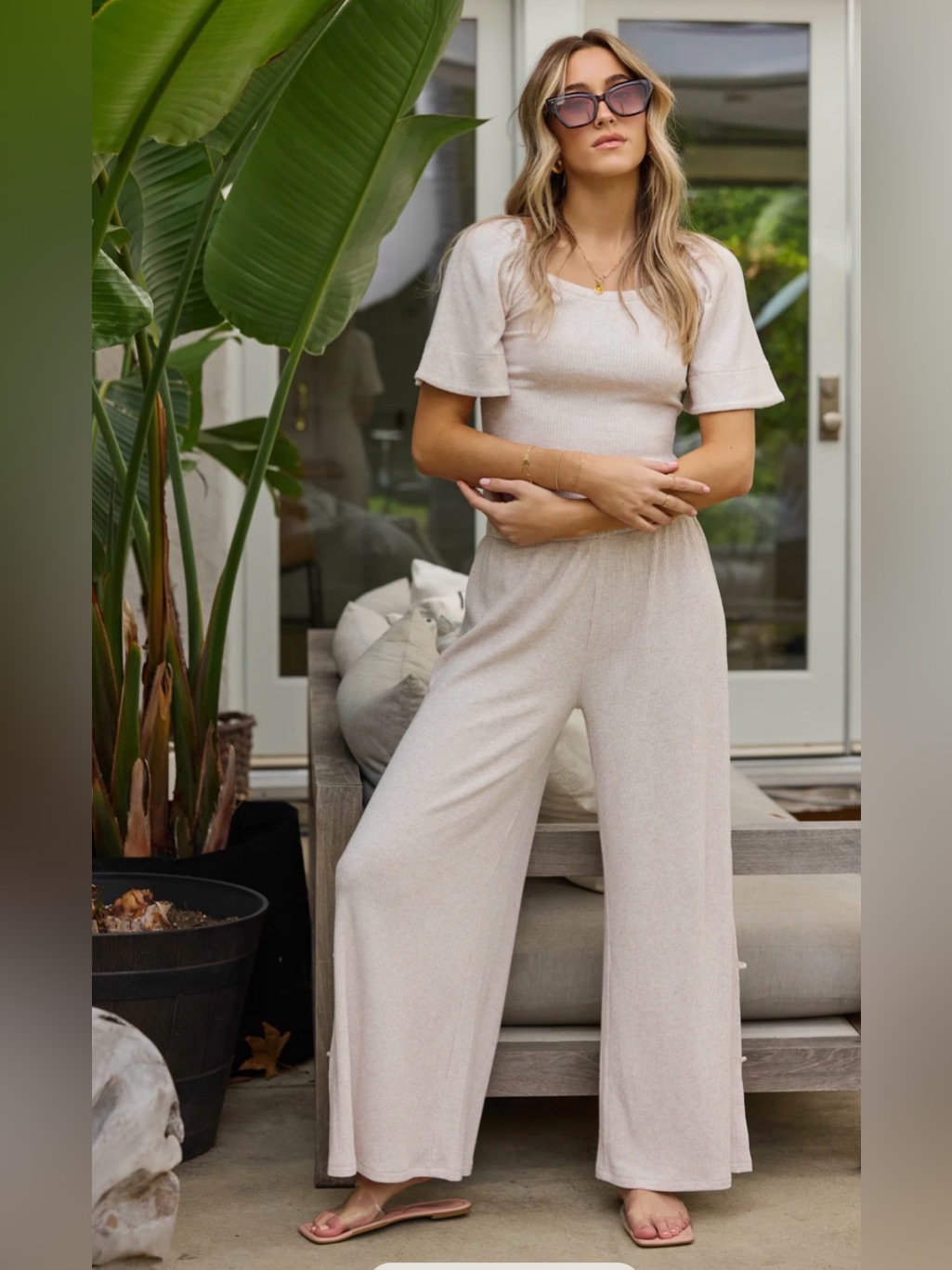 Vintage Havana Cream Ribbed Wide-Leg Pants